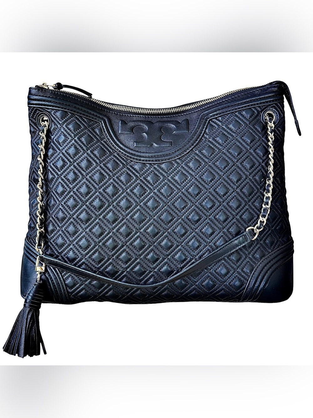 TORY BURCH Black Fleming Quilted Leather w/ Gold Chain Strap